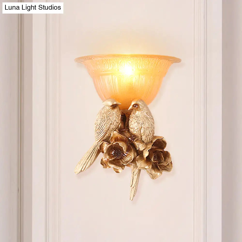 Frosted Glass Flared Wall Light With Antique Gold Bird Decoration - 1-Light Sconce For Hallways