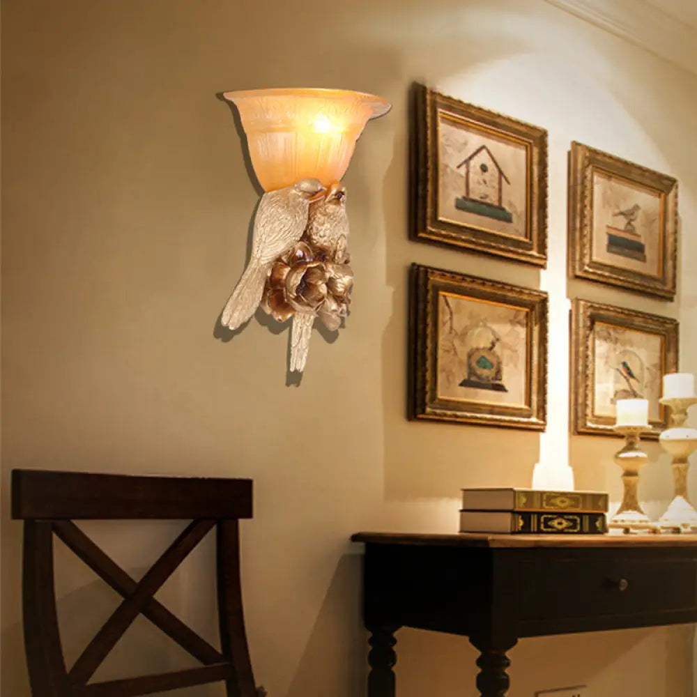 Frosted Glass Flared Wall Light With Antique Gold Bird Decoration - 1-Light Sconce For Hallways