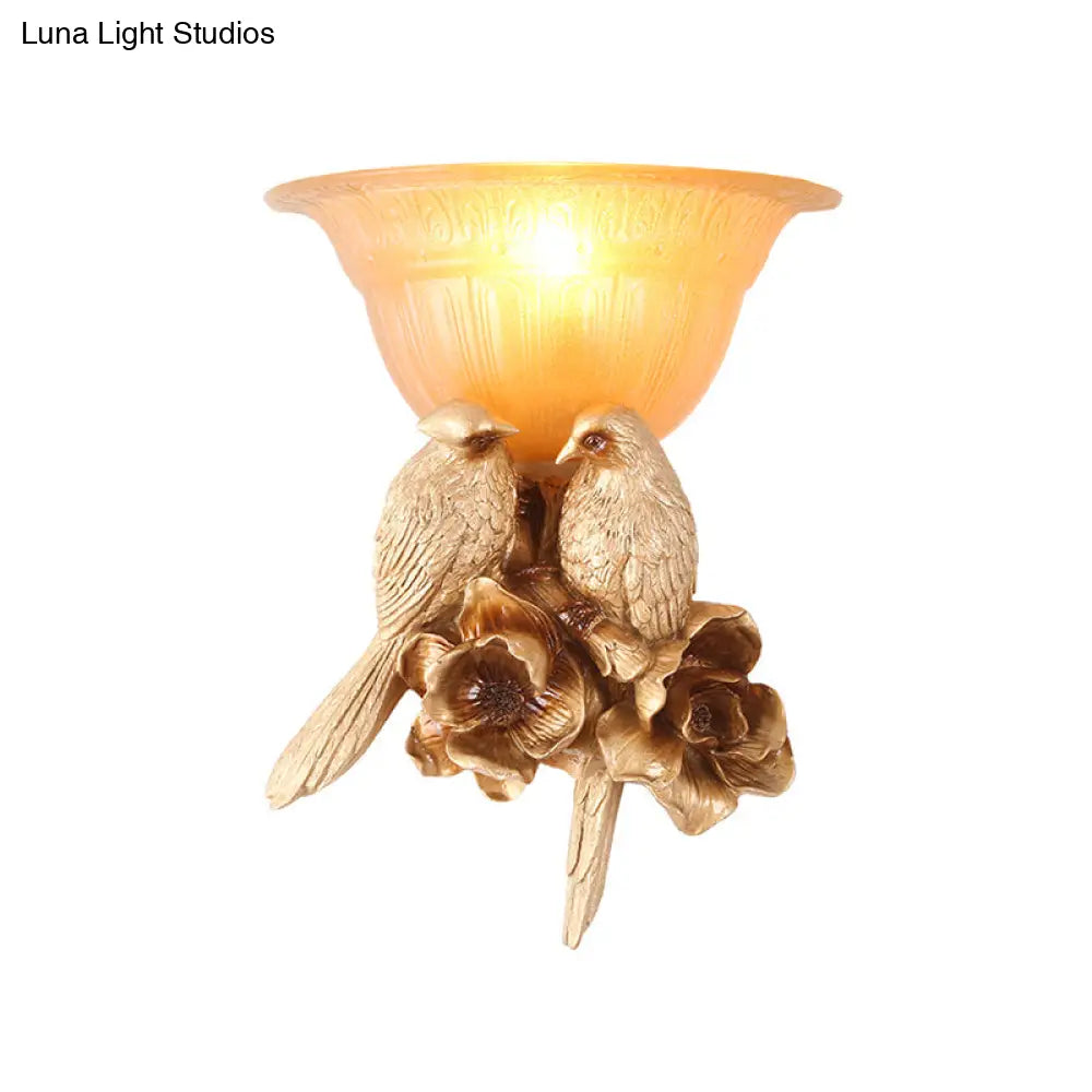 Frosted Glass Flared Wall Light With Antique Gold Bird Decoration - 1-Light Sconce For Hallways