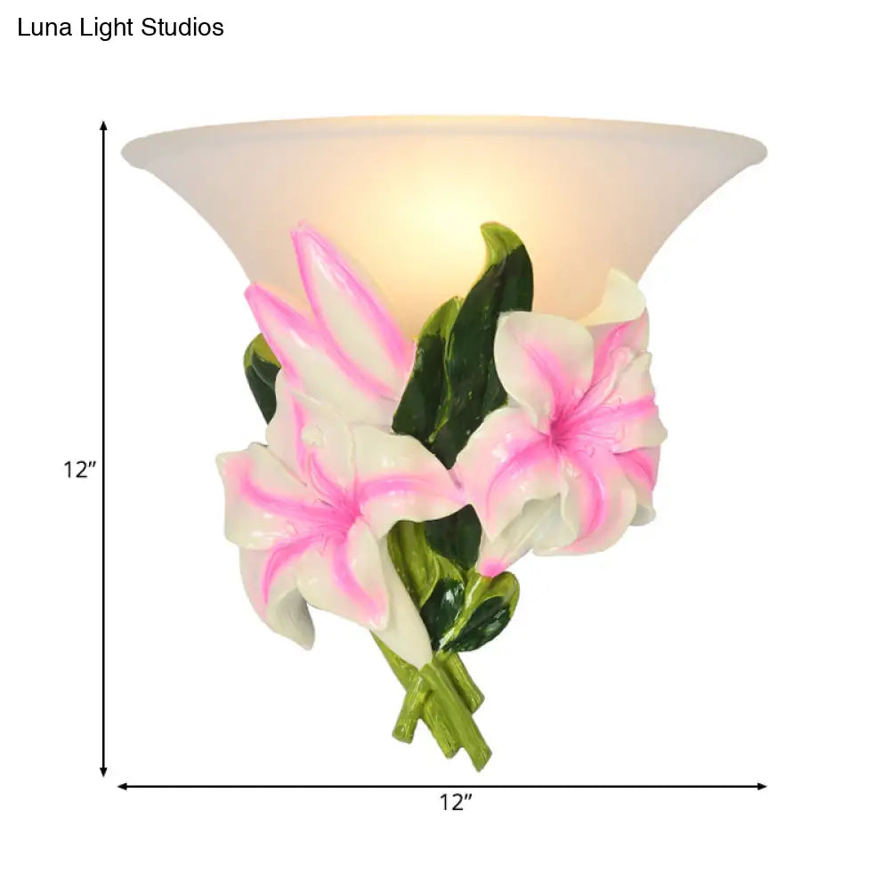 Frosted Glass Flared Wall Light With Pink Flower Decoration Rustic 1-Light For Living Room Mounted