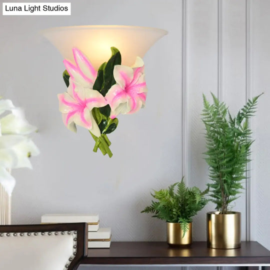 Frosted Glass Flared Wall Light With Pink Flower Decoration Rustic 1-Light For Living Room Mounted