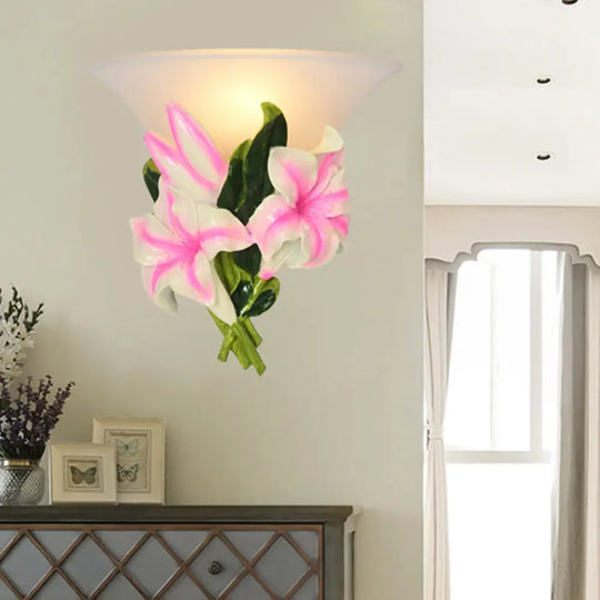 Frosted Glass Flared Wall Light With Pink Flower Decoration Rustic 1-Light For Living Room Mounted