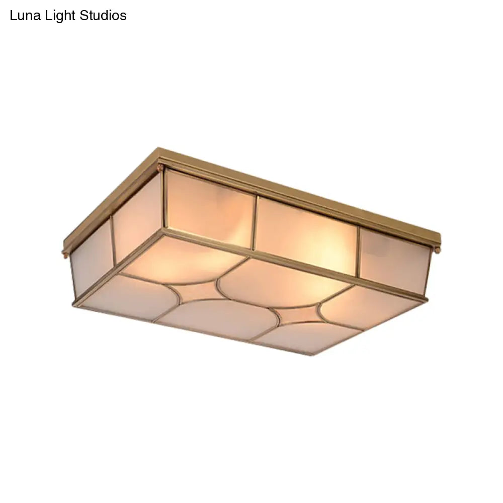 Frosted Glass Flush Ceiling Light In Classic Brass - 3/6 Lights Rectangle Design For Bedroom Mount