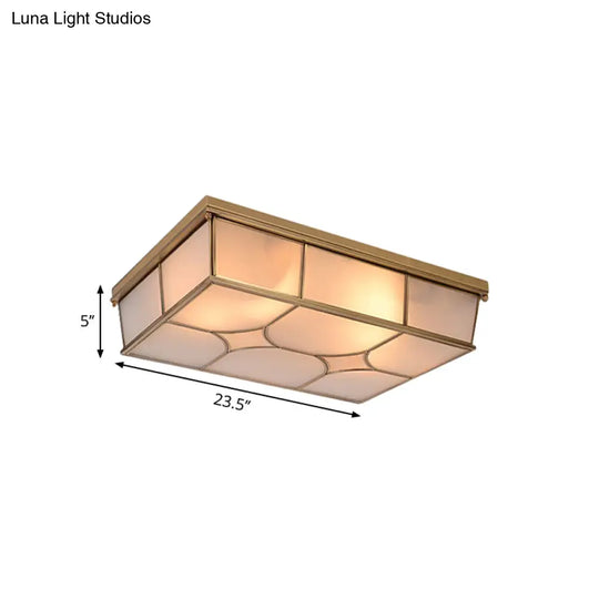 Frosted Glass Flush Ceiling Light In Classic Brass - 3/6 Lights Rectangle Design For Bedroom Mount