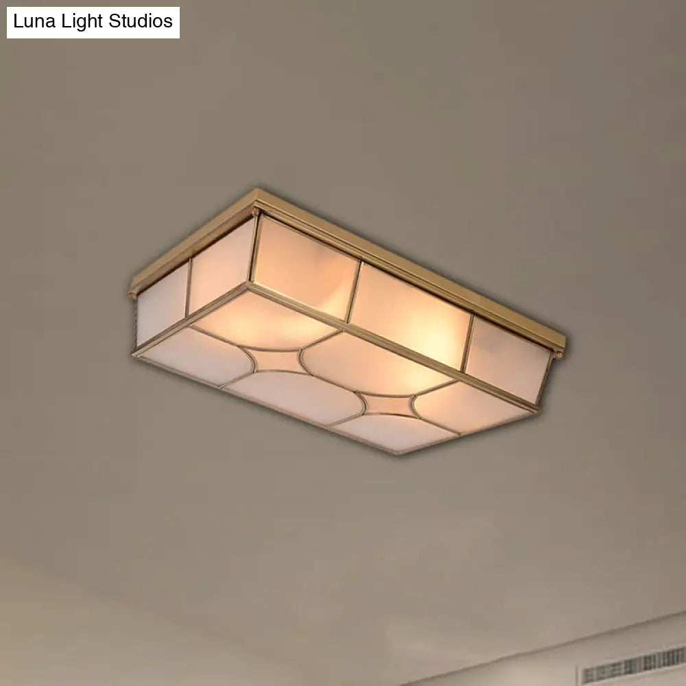 Frosted Glass Flush Ceiling Light In Classic Brass - 3/6 Lights Rectangle Design For Bedroom Mount