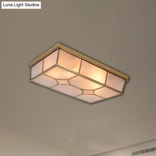 Frosted Glass Flush Ceiling Light In Classic Brass - 3/6 Lights Rectangle Design For Bedroom Mount