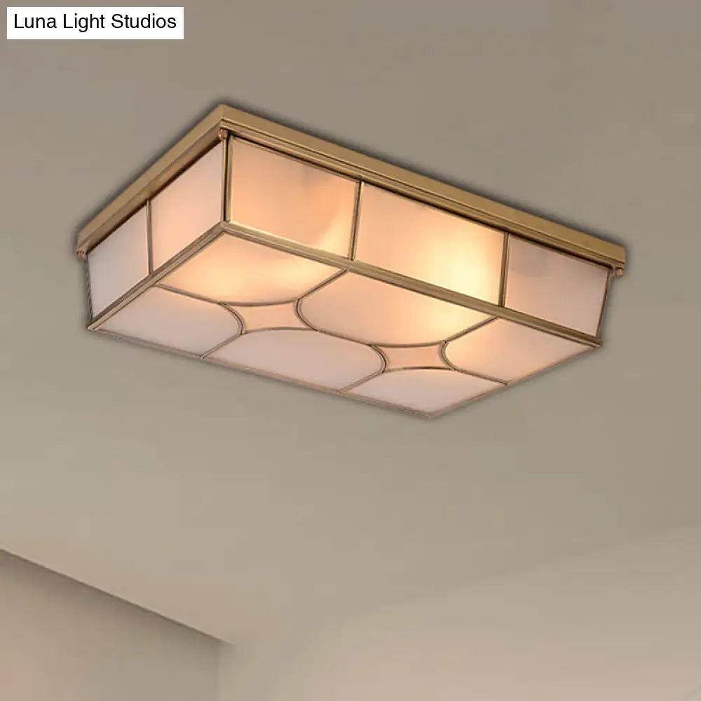 Frosted Glass Flush Ceiling Light In Classic Brass - 3/6 Lights Rectangle Design For Bedroom Mount