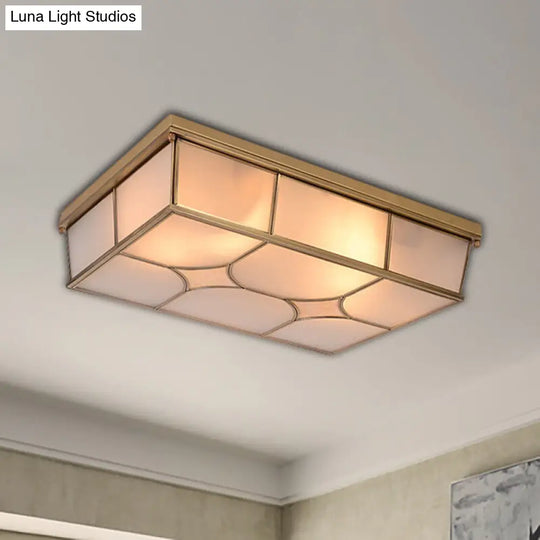 Frosted Glass Flush Ceiling Light In Classic Brass - 3/6 Lights Rectangle Design For Bedroom Mount