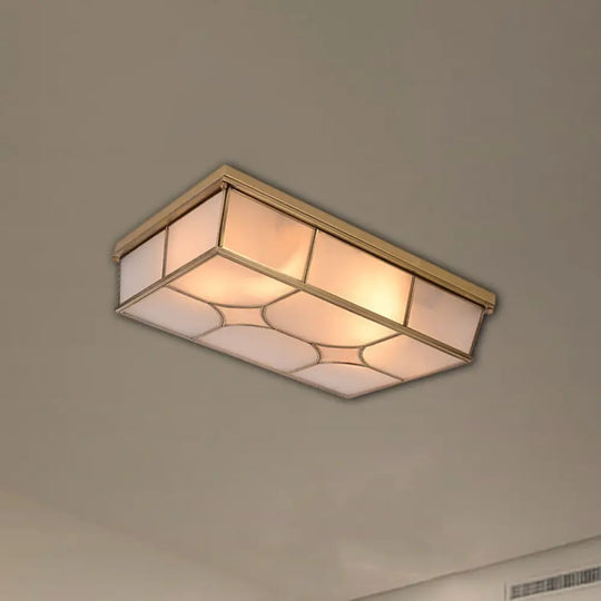 Frosted Glass Flush Ceiling Light In Classic Brass - 3/6 Lights Rectangle Design For Bedroom Mount