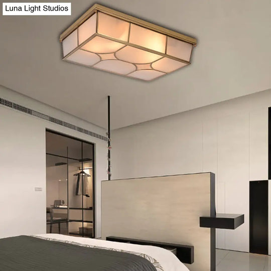 Frosted Glass Flush Ceiling Light In Classic Brass - 3/6 Lights Rectangle Design For Bedroom Mount