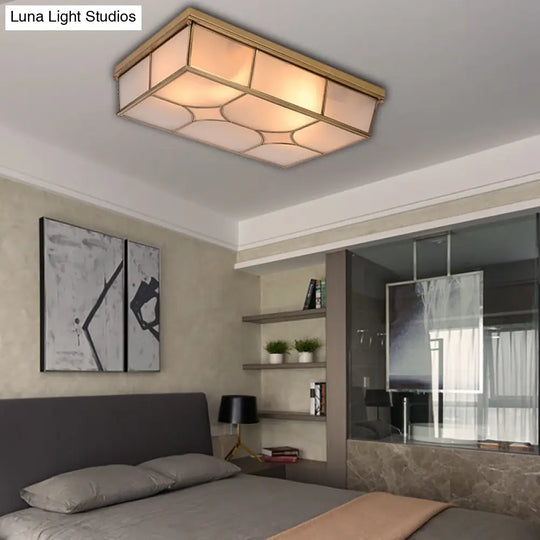 Frosted Glass Flush Ceiling Light In Classic Brass - 3/6 Lights Rectangle Design For Bedroom Mount