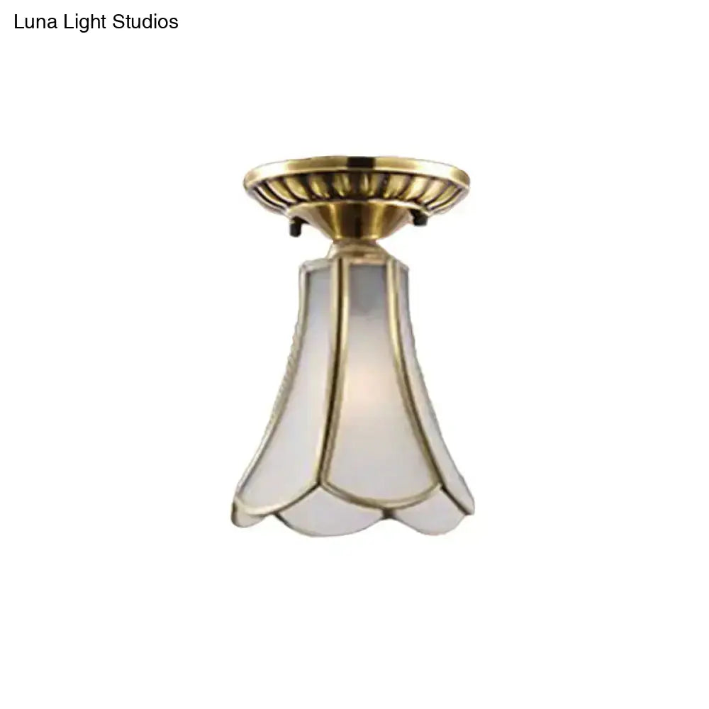 Frosted Glass Flush Lamp - Curved/Cylinder/Flower Design 1-Light Corridor Mount Light In Brass