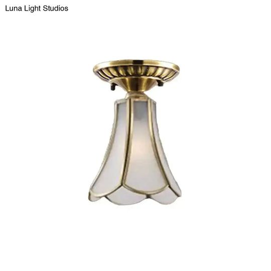 Frosted Glass Flush Lamp - Curved/Cylinder/Flower Design 1-Light Corridor Mount Light In Brass