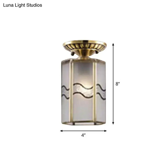 Frosted Glass Flush Lamp - Curved/Cylinder/Flower Design 1-Light Corridor Mount Light In Brass