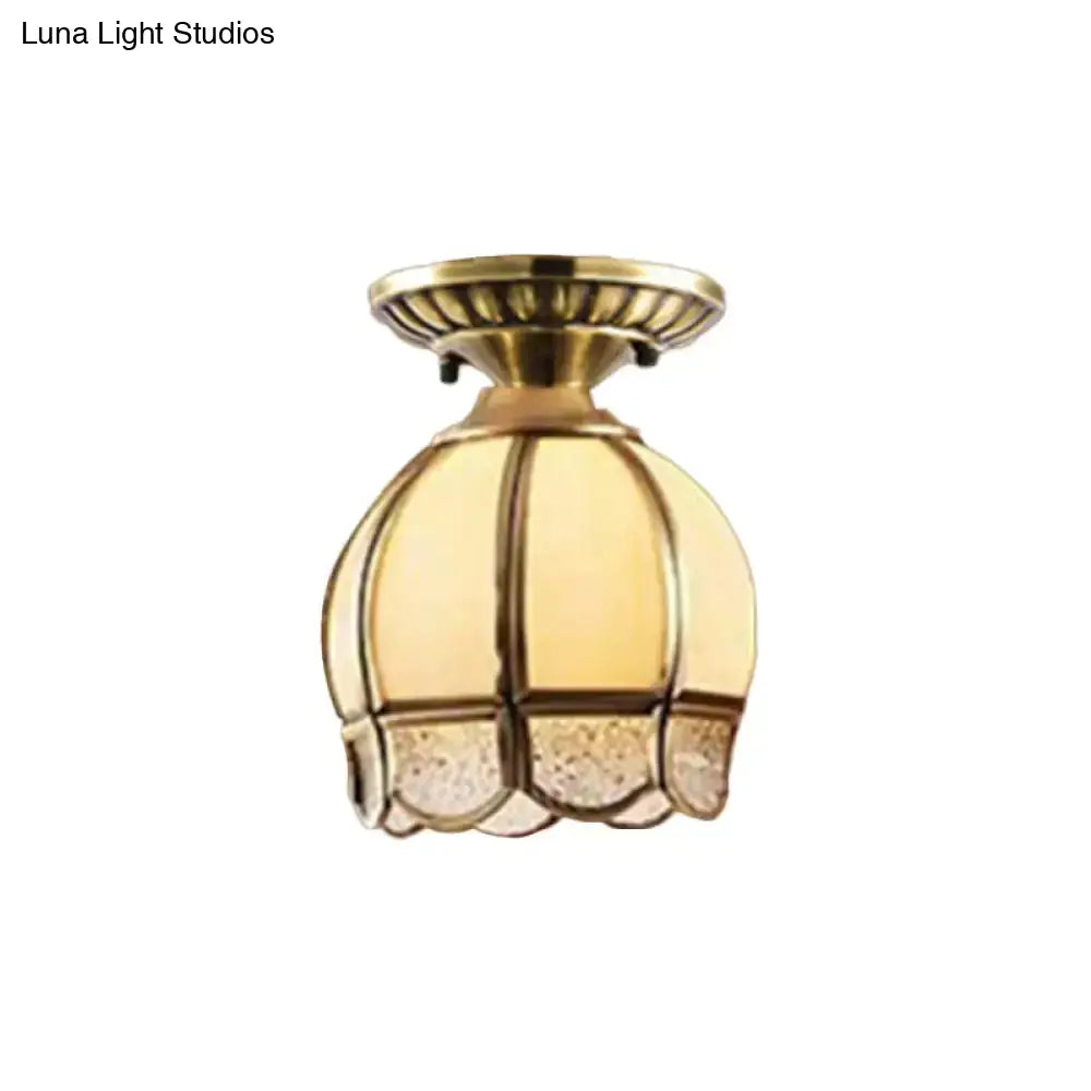 Frosted Glass Flush Lamp - Curved/Cylinder/Flower Design 1-Light Corridor Mount Light In Brass