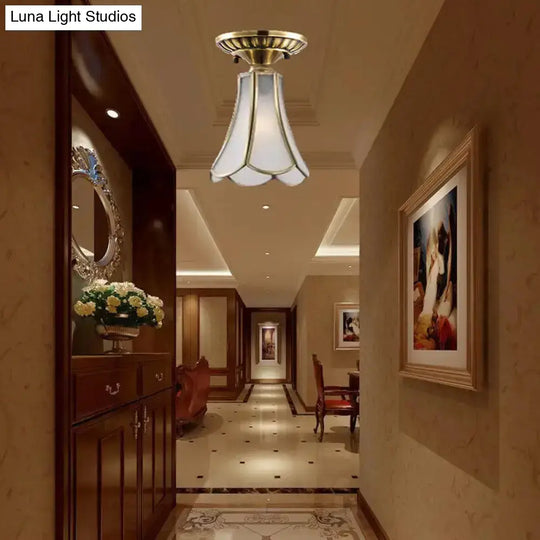 Frosted Glass Flush Lamp - Curved/Cylinder/Flower Design 1-Light Corridor Mount Light In Brass