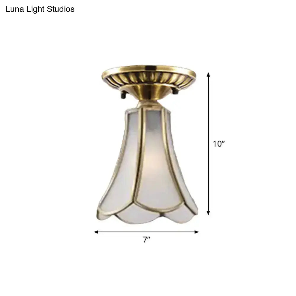 Frosted Glass Flush Lamp - Curved/Cylinder/Flower Design 1-Light Corridor Mount Light In Brass