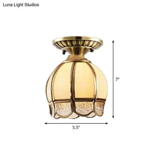 Frosted Glass Flush Lamp - Curved/Cylinder/Flower Design 1-Light Corridor Mount Light In Brass