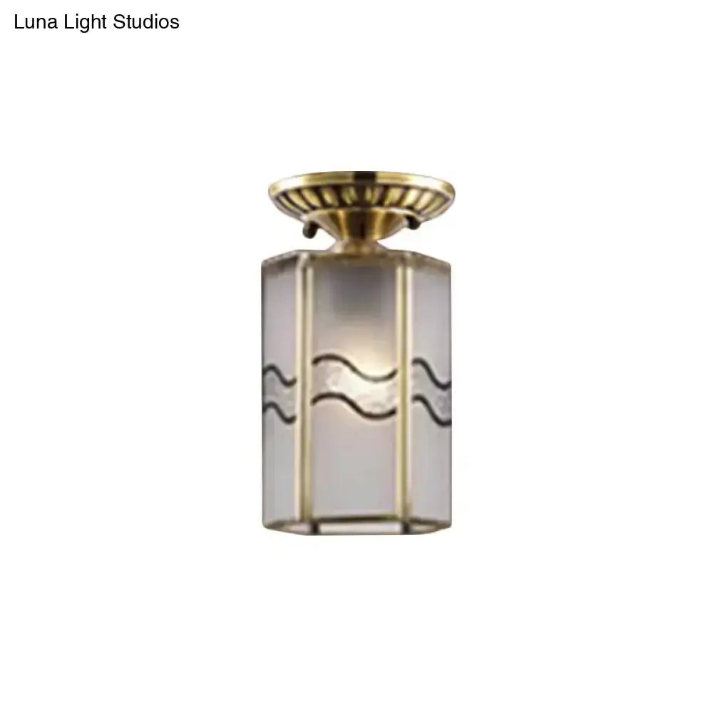 Frosted Glass Flush Lamp - Curved/Cylinder/Flower Design 1-Light Corridor Mount Light In Brass