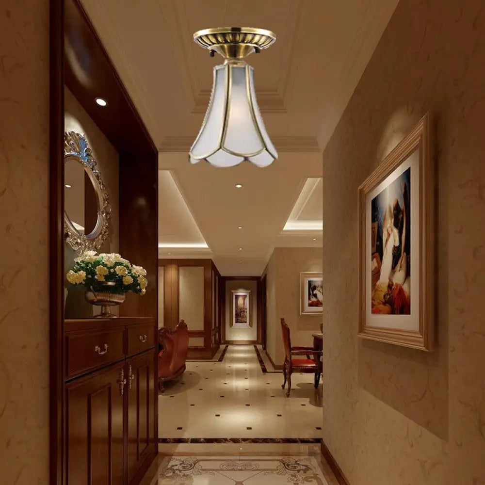 Frosted Glass Flush Lamp - Curved/Cylinder/Flower Design 1 - Light Corridor Mount Light In Brass / A