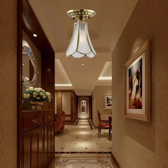 Frosted Glass Flush Lamp - Curved/Cylinder/Flower Design 1-Light Corridor Mount Light In Brass / A