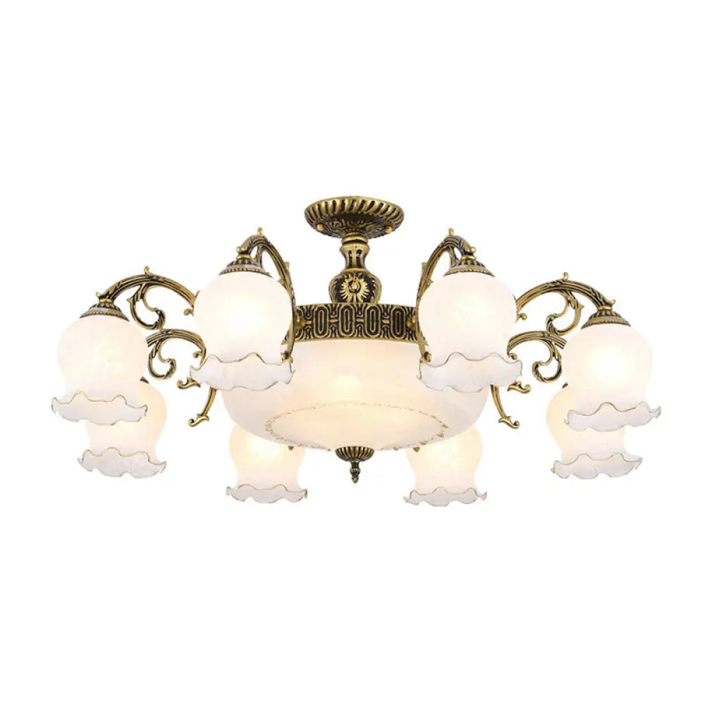 Frosted Glass Flush Mount Chandelier - Bud Shade Classic Living Room Semi Light Fixture 11 / Bronze