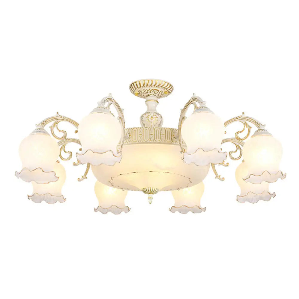 Frosted Glass Flush Mount Chandelier - Bud Shade Classic Living Room Semi Light Fixture 11 / White