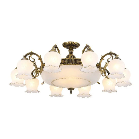 Frosted Glass Flush Mount Chandelier - Bud Shade Classic Living Room Semi Light Fixture 13 / Bronze