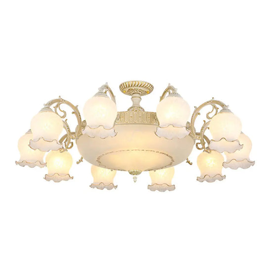 Frosted Glass Flush Mount Chandelier - Bud Shade Classic Living Room Semi Light Fixture 13 / White