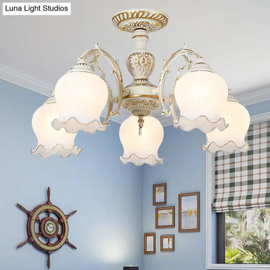 Frosted Glass Flush Mount Chandelier - Bud Shade Classic Living Room Semi Light Fixture 5 / White