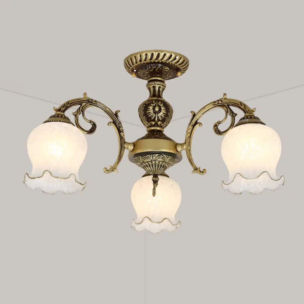 Frosted Glass Flush Mount Chandelier - Bud Shade Classic Living Room Semi Light Fixture 3 / Bronze