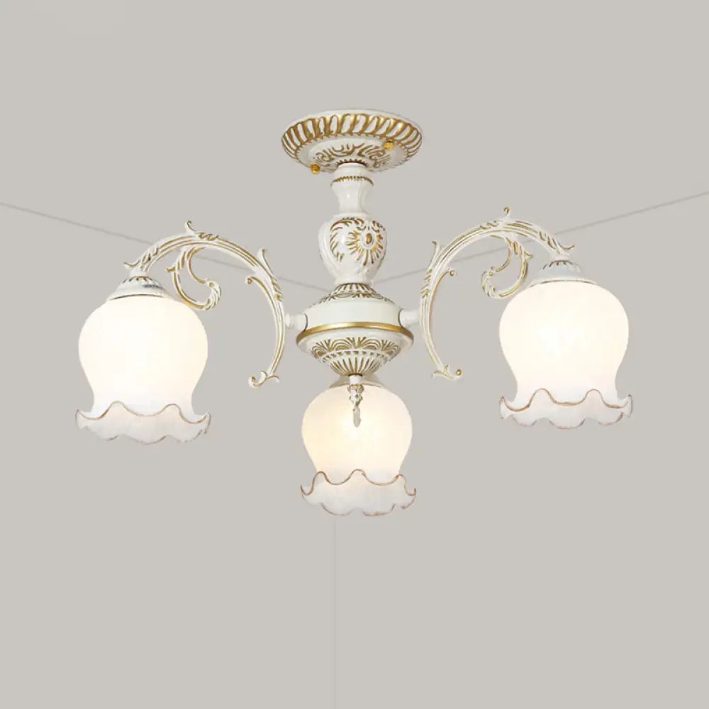 Frosted Glass Flush Mount Chandelier - Bud Shade Classic Living Room Semi Light Fixture 3 / White