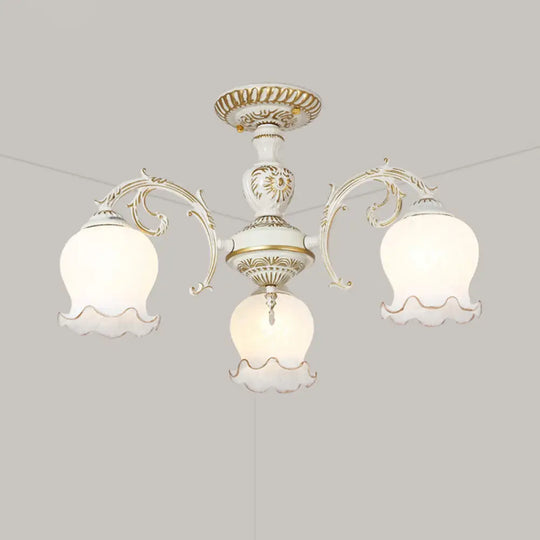 Frosted Glass Flush Mount Chandelier - Bud Shade Classic Living Room Semi Light Fixture 3 / White