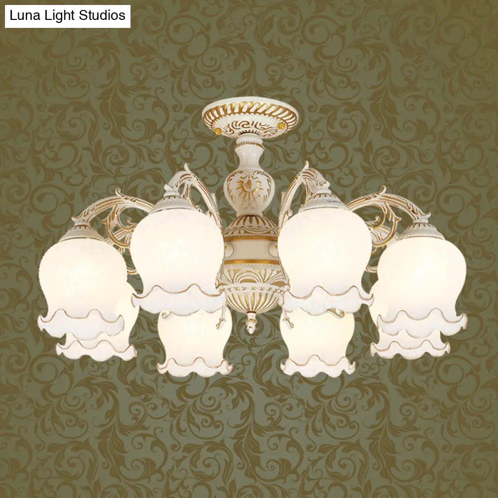 Frosted Glass Flush Mount Chandelier - Bud Shade Classic Living Room Semi Light Fixture