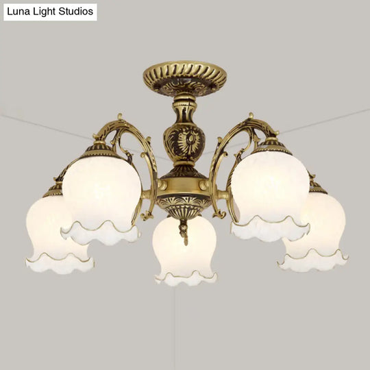 Frosted Glass Flush Mount Chandelier - Bud Shade Classic Living Room Semi Light Fixture 5 / Bronze