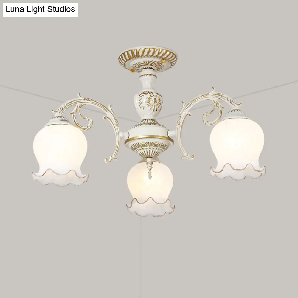 Frosted Glass Flush Mount Chandelier - Bud Shade Classic Living Room Semi Light Fixture 3 / White