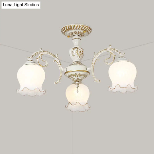 Frosted Glass Flush Mount Chandelier - Bud Shade Classic Living Room Semi Light Fixture 3 / White