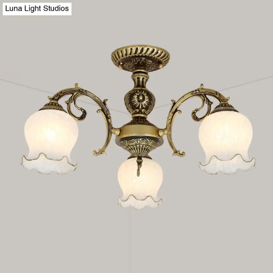 Frosted Glass Flush Mount Chandelier - Bud Shade Classic Living Room Semi Light Fixture 3 / Bronze