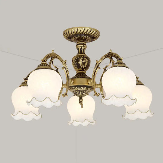 Frosted Glass Flush Mount Chandelier - Bud Shade Classic Living Room Semi Light Fixture 5 / Bronze