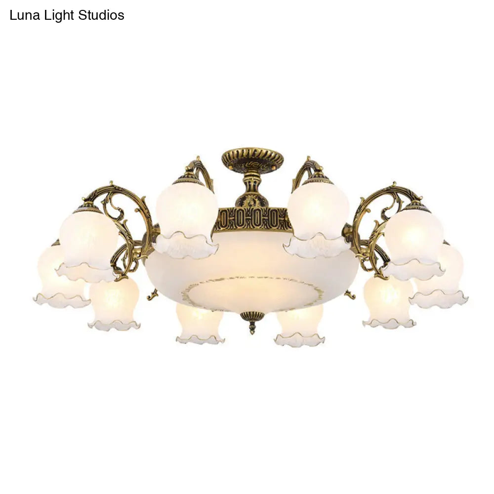 Frosted Glass Flush Mount Chandelier - Bud Shade Classic Living Room Semi Light Fixture 13 / Bronze