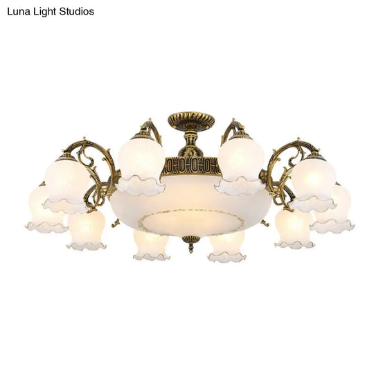 Frosted Glass Flush Mount Chandelier - Bud Shade Classic Living Room Semi Light Fixture 13 / Bronze