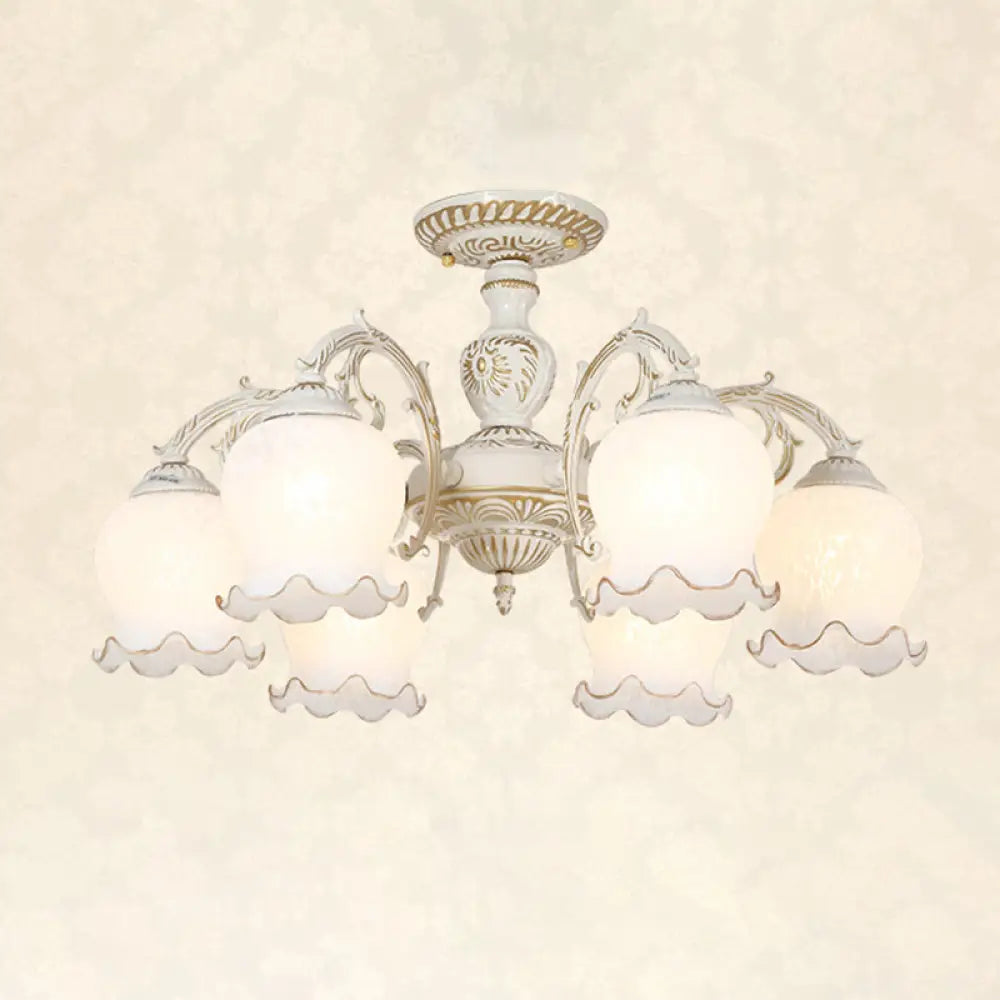 Frosted Glass Flush Mount Chandelier - Bud Shade Classic Living Room Semi Light Fixture 6 / White