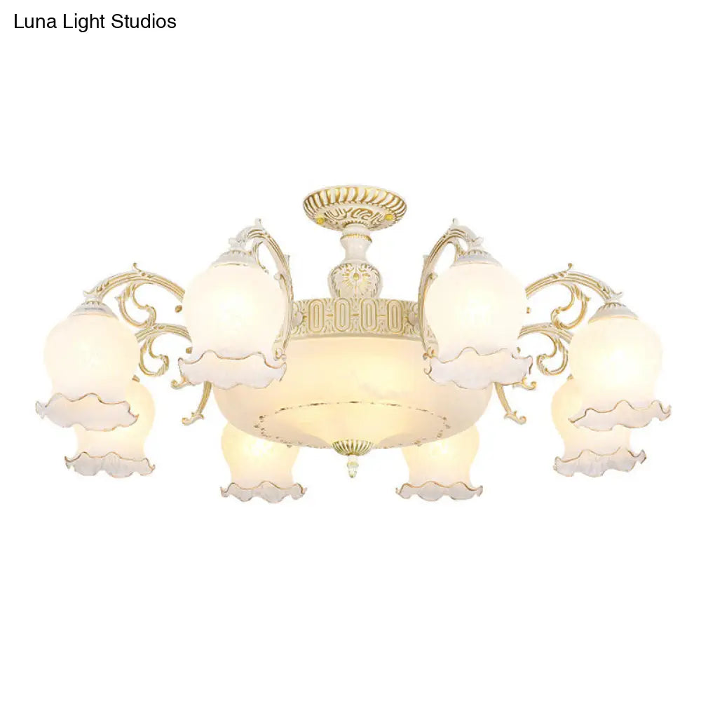 Frosted Glass Flush Mount Chandelier - Bud Shade Classic Living Room Semi Light Fixture 11 / White