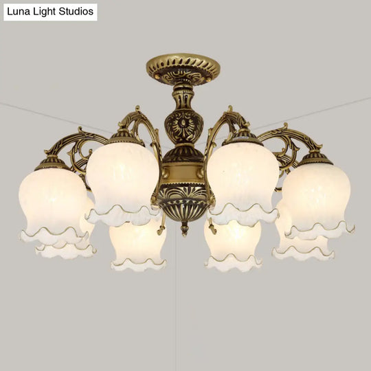 Frosted Glass Flush Mount Chandelier - Bud Shade Classic Living Room Semi Light Fixture 8 / Bronze