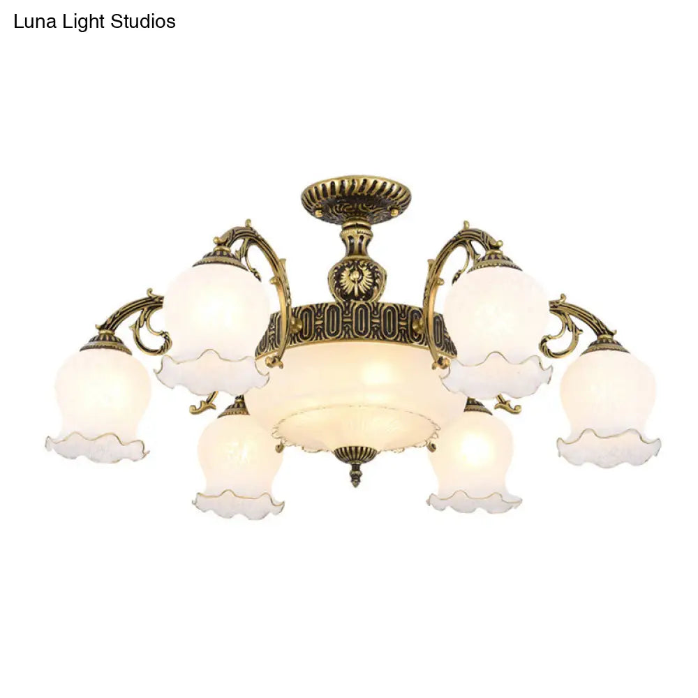 Frosted Glass Flush Mount Chandelier - Bud Shade Classic Living Room Semi Light Fixture 9 / Bronze