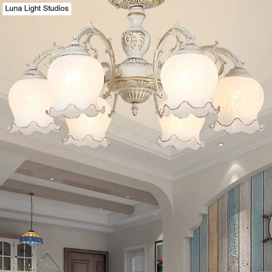 Frosted Glass Flush Mount Chandelier - Bud Shade Classic Living Room Semi Light Fixture