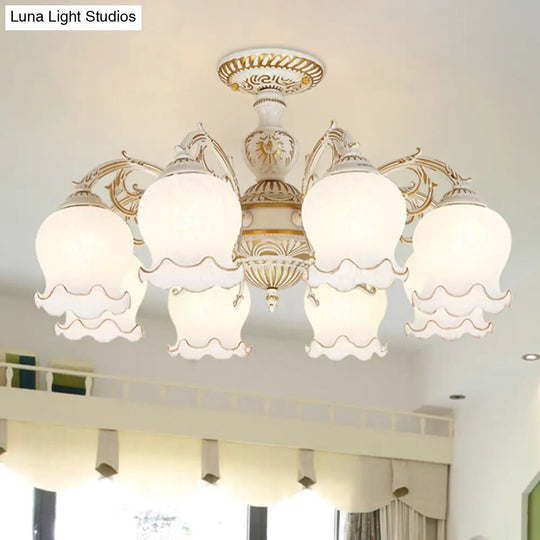 Frosted Glass Flush Mount Chandelier - Bud Shade Classic Living Room Semi Light Fixture 8 / White