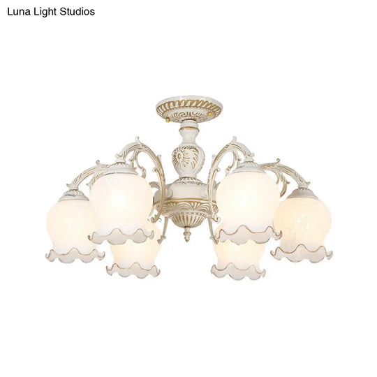 Frosted Glass Flush Mount Chandelier - Bud Shade Classic Living Room Semi Light Fixture