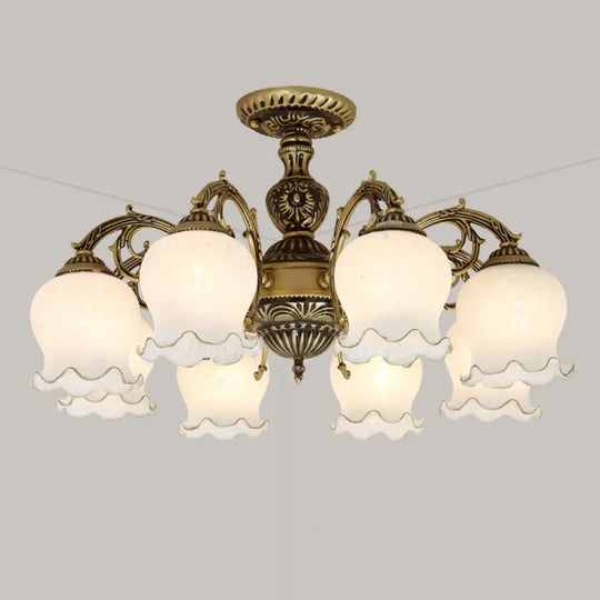 Frosted Glass Flush Mount Chandelier - Bud Shade Classic Living Room Semi Light Fixture 8 / Bronze
