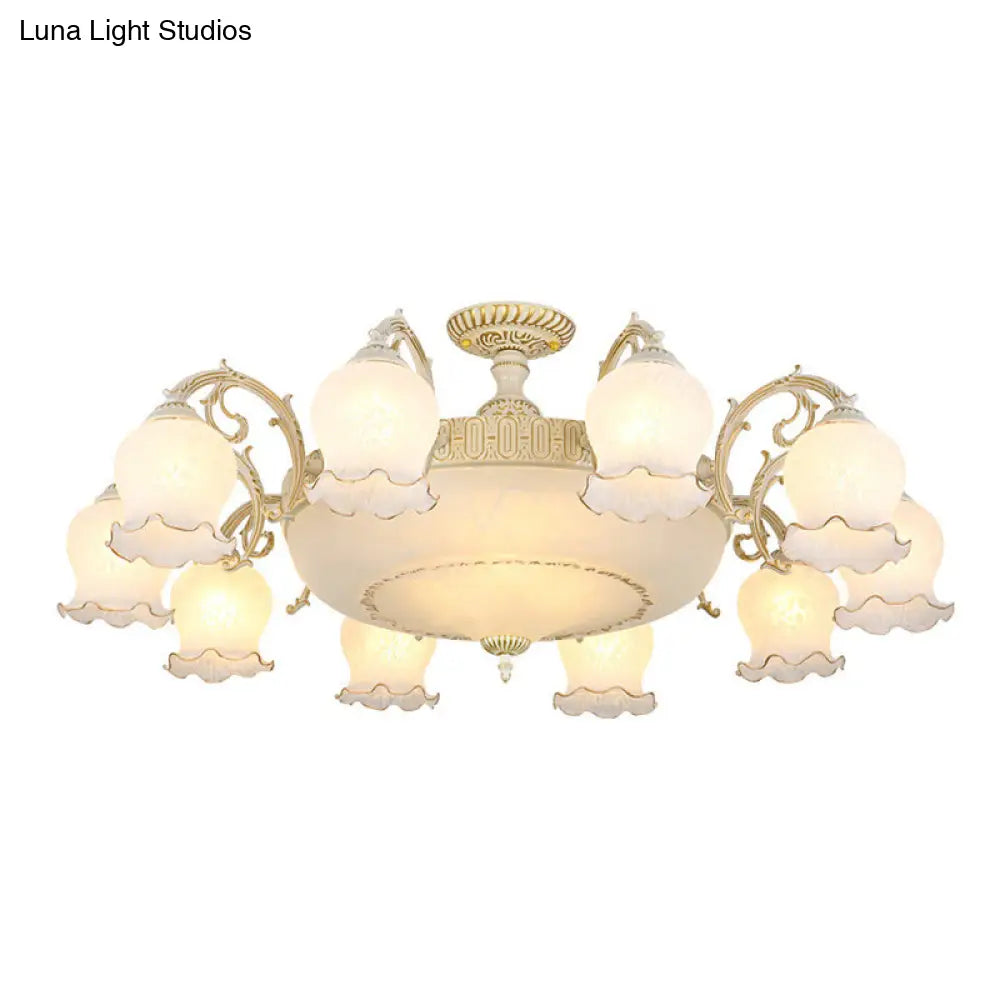 Frosted Glass Flush Mount Chandelier - Bud Shade Classic Living Room Semi Light Fixture 13 / White